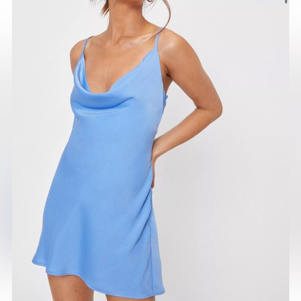 Nasty Gal Satin Mini Dress Blue US 2 Petite Satin Cowl Neck